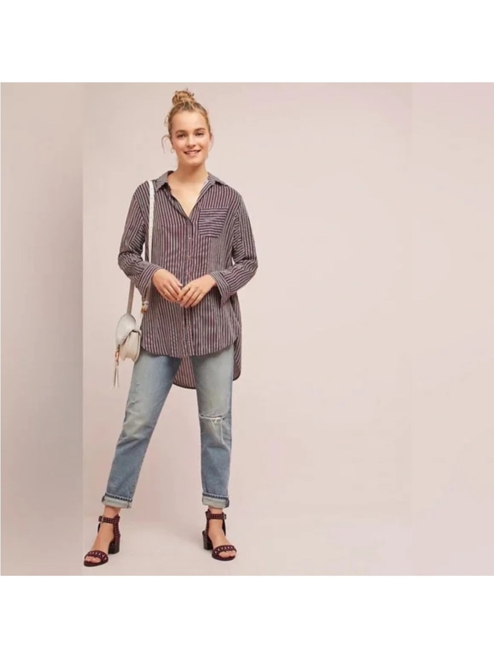 Maeve for Anthropologie "Adelaide" striped button-down tunic shirt